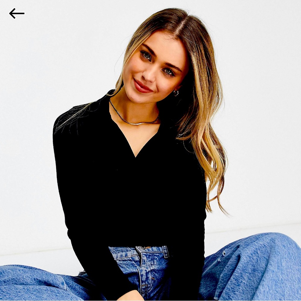 New Look long sleeve polo collar top in black